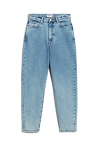 Jeans en denim bleu clair avec taille haute, jambes droites et une teinte délavée. Comprend une fermeture à boutons, des passants de ceinture et des poches classiques.