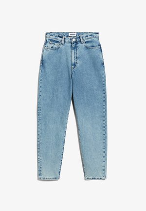 Helle blaue Denim-Jeans mit hoher Taille, geraden Beinen und einem verblichenen Finish. Verfügt über einen Knopfverschluss, Gürtelschlaufen und klassische Taschen.