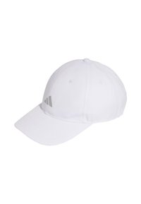 Gorra de béisbol blanca hecha de tela con visera curvada, que presenta acentos de logo de la marca en gris en la parte delantera y agujeros de ventilación.