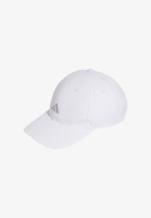 White baseball cap made of fabric with a curved brim, featuring gray brand logo accents on the front and ventilation holes.