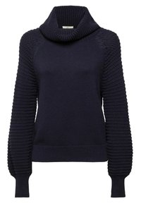 Pull en maille bleu marine avec un col bénitier, des manches texturées et des poignets côtelés. Présente un corps lisse et des accents à motifs sur les manches.