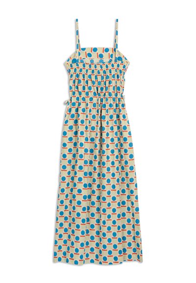 Värikäs hihaton mekko, jossa on smock-attire ja jossa on sinisten ympyröiden ja punaisten viivojen kuvio vaalean beige taustalla.
