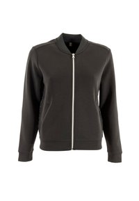 Felpa nera con zip, colletto a costine, tasche laterali e dettagli testurizzati lungo i lati. Realizzata in tessuto morbido e elastico.