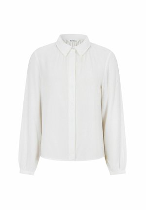 Weiße langärmelige Bluse mit durchgeknöpftem Vorderteil, klassischem Kragen und strukturierter Stoffqualität. Mit elastischen Bündchen und einem lockeren Schnitt.