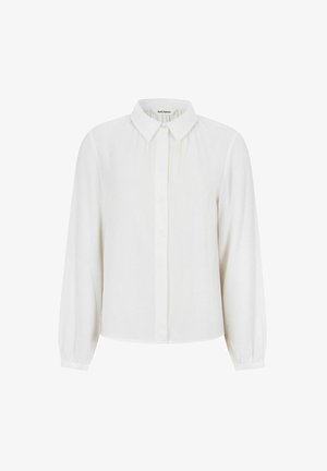 Witte blouse met lange mouwen, knoopsluiting aan de voorkant, klassieke kraag en gestructureerde stof. Voorzien van elastische manchetten en een ontspannen pasvorm.