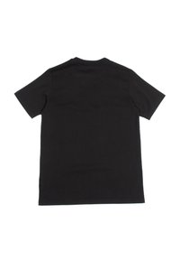 T-shirt in cotone nero con maniche corte, scollatura rotonda e design semplice. Il tessuto appare liscio e privo di decorazioni.