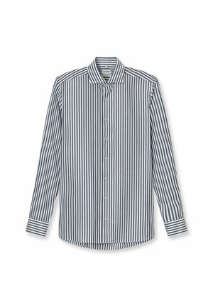 Camicia a maniche lunghe a righe blu e bianche, con colletto a polo, bottoni frontali e dettagli a contrasto sui polsini. Tessuto in cotone.