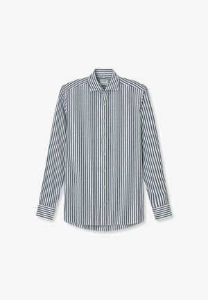 Gestreepte langemouwen shirt in blauw en wit, met een button-down kraag, knopen aan de voorkant en contrasterende manchetten. Katoenen stof.