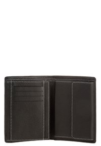 Black leather wallet with white stitching, featuring multiple card slots on one side and an open compartment on the other. Smooth texture.