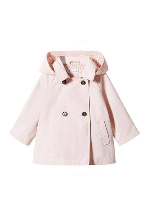 Light pink hooded double-breasted toddler coat with black buttons and small floral pattern lining inside the hood.