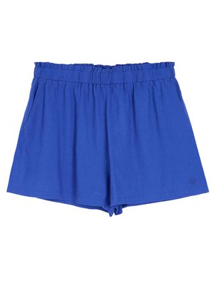 Niebieskie lniane szorty z elastycznym pasem, bocznymi kieszeniami i luźnym krojem. Bez widocznych wzorów ani detalów metalowych.