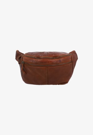 Brown leather waist bag with a soft texture, featuring a front zippered pocket and a rounded shape. Seam detailing adds visual interest.