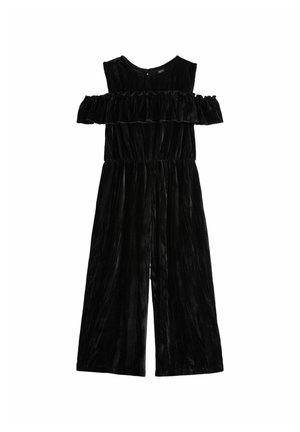 Schwarzer Samt-Overall mit schulterfreiem Rüschen-Detail, elastischem Taillenbund und weit geschnittenem Bein mit schimmernder Textur.
