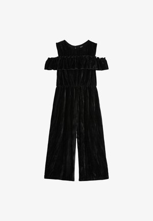 Combinaison en velours noir avec détails à volants sur les épaules, taille élastique et design à jambes larges avec une texture brillante.