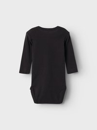 Svart långärmad bodysuit med rund halsringning och tryckknappar i nederkant. Tillverkad av mjukt, stretchigt tyg. Inga synliga mönster eller detaljer.