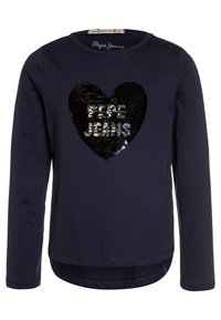 Navy long-sleeve T-shirt featuring a black sequin heart design with the text "PEPE JEANS" in silver. Rounded hem and soft fabric.