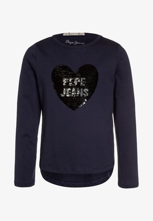 T-shirt à manches longues bleu marine, avec un motif cœur en sequins noirs et le texte « PEPE JEANS » en argent. Ourlet arrondi et tissu doux.