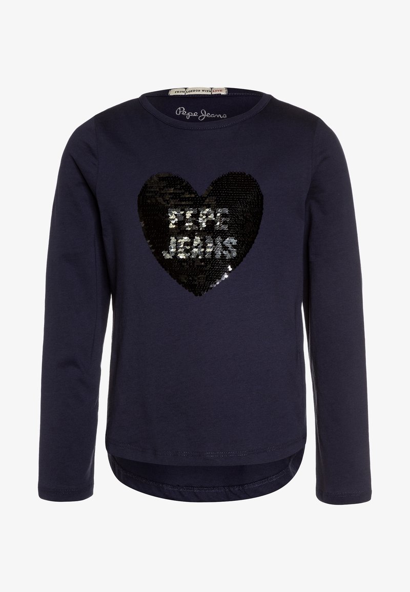 Navy long-sleeve T-shirt featuring a black sequin heart design with the text "PEPE JEANS" in silver. Rounded hem and soft fabric.
