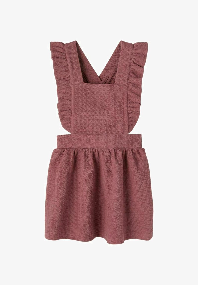Robe mauve texturée sans manches pour tout-petit, avec bretelles croisées dans le dos, bordures volantées aux épaules et jupe froncée.