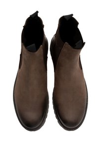 Brązowe skórzane botki za kostkę z elastycznymi panelami bocznymi, teksturowanym wykończeniem i pętlami do zakupu. Okrągły czubek i gumowa podeszwa z kontrastowym haftem.