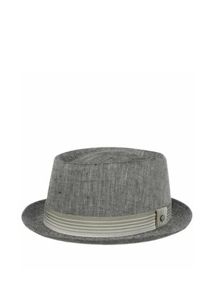 Grauer Fischgräten-Fedora-Hut mit kurzem Rand und einem hellgrau gestreiften Band um die Basis.