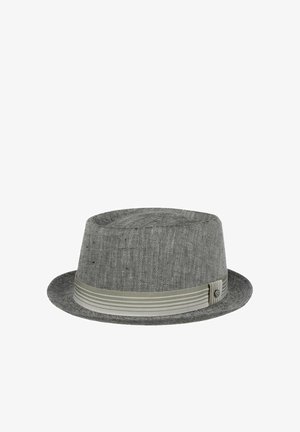 Gray herringbone fedora hat with a short brim and a light gray striped band around the base.