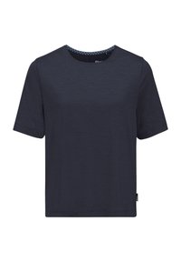 Dark navy blue short-sleeve t-shirt with a crew neckline and textured fabric. Features a subtle patterned neck trim. Regular fit.
