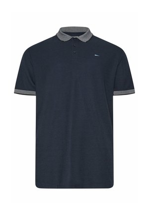 Marineblauw poloshirt met korte mouwen, drieknopenbies en contrasterende grijze kraag en mouwboorden.