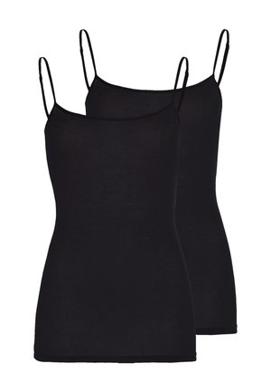 To sorte ærmeløse undertrøjer med tynde stropper, vist fladt og overlappende på en hvid baggrund.