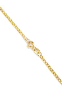 Halskette aus vergoldeter Kette mit ovalen Gliedern und einem Karabinerverschluss. Die Oberfläche hat ein poliertes Finish, das einen hellen, reflektierenden Glanz zeigt.