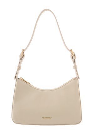 Beige leather shoulder bag with adjustable strap, gold zipper, and small gold logo text on front center.