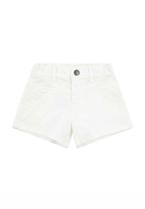 Pantalones cortos de algodón blancos con cierre de botón, dos bolsillos frontales y detalles cosidos. Diseño simple con un aspecto limpio y versátil.