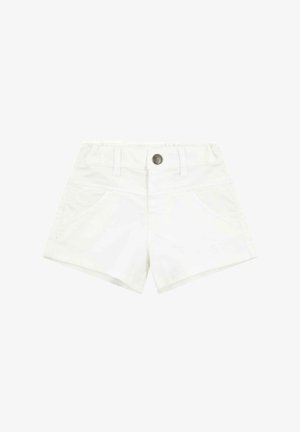 White cotton shorts featuring a button closure, two front pockets, and stitched detailing. Simple design with a clean, versatile look.
