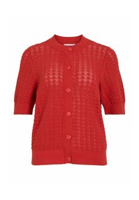 Červený krátký rukáv cardigan s texturovaným diamantovým vzorem. Obsahuje žebrovaný výstřih a zapínání na knoflíky s kulatými knoflíky. Lehký materiál.