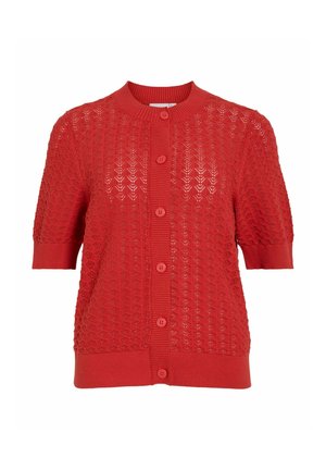Cardigan rouge à manches courtes avec un motif texturé en losanges. Comprend un col côtelé et une patte de boutonnage avec des boutons ronds. Matière légère.