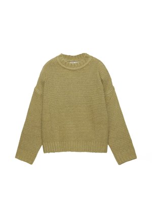 Strikket sweater i dæmpet olivengrøn med rund halsudskæring, ribbede håndleds- og bundkanter, en løs pasform og tekstureret vævning.