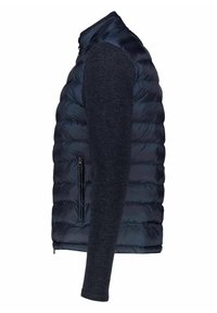 Navy puffer vest with a quilted design, combined with dark knitted sleeves. Features a zippered side pocket and a high collar.