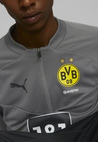 Harmaa urheilutakki vetoketjulla, jossa musta Puma-logo, keltainen Borussia Dortmund -merkki ja sen yläpuolella kaksi kultatähteä.