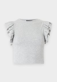 Top scurt din tricot gri cu mâneci scurte și volanase, cu gât rotund. Textură netedă, design ajustat și fără grafice sau modele vizibile.