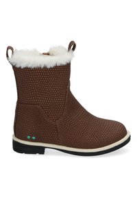 Bruine enkellaarzen met een gestructureerd oppervlak, witte faux fur voering en zwarte rubberen zool met twee teal accenten aan de zijkant.