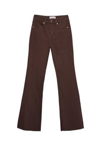 Jeans évasés marron en denim, dotés d'une taille haute, de deux poches avant et de garnitures couleur cuivrée au niveau de la ceinture et des ouvertures de poche.