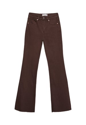 Jeans évasés marron en denim, dotés d'une taille haute, de deux poches avant et de garnitures couleur cuivrée au niveau de la ceinture et des ouvertures de poche.