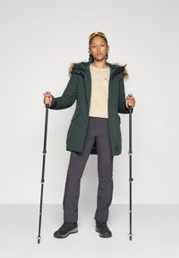 Veste à capuche verte avec garniture en fourrure, t-shirt beige, pantalon sombre et bottes de randonnée noires. Personne tenant des bâtons de trekking, se tenant devant un fond uni.