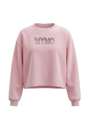 Różowa krótka bluza z długim rękawem, ściągaczami i napisem "MYMO" w wzorzystych literach na piersi.