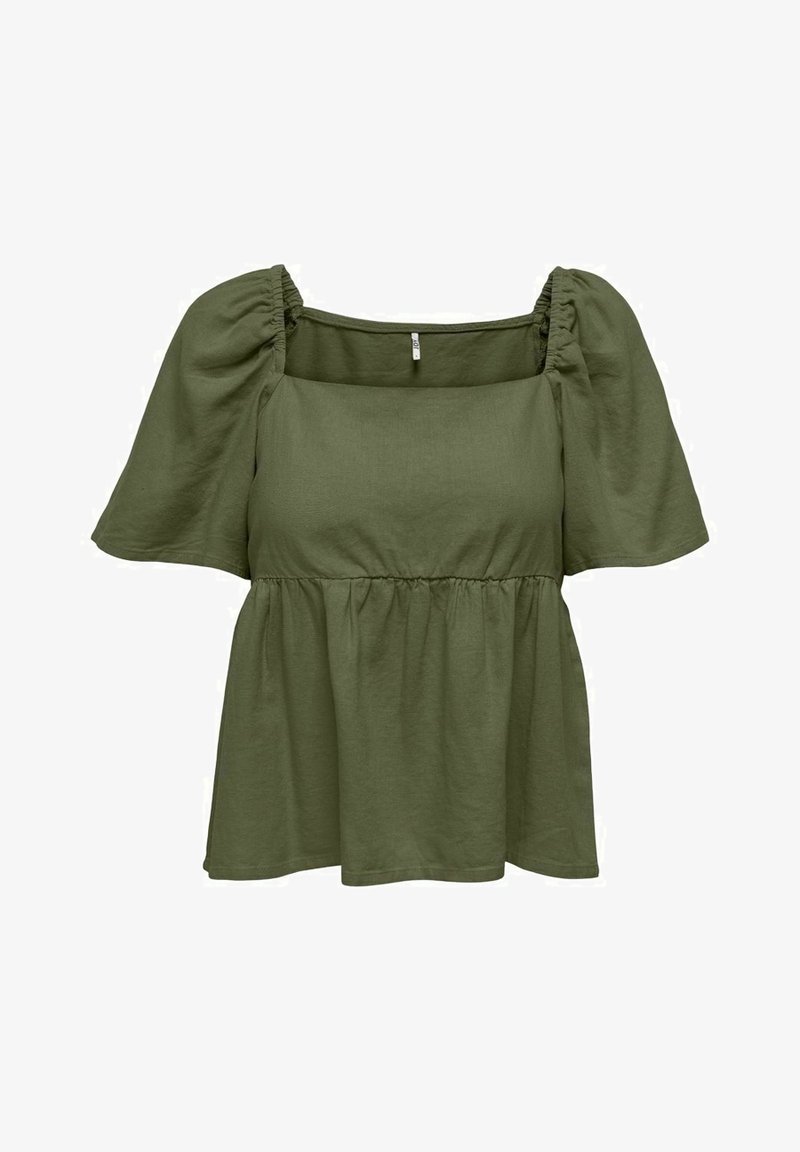 Top peplum à manches courtes en vert olive, avec un décolleté carré et des détails froncés sur les manches, fabriqué en tissu doux.