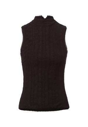 Zwarte mouwloze top met een hoge hals, gestructureerd patroon en gegolfde randen. Heeft een aansluitende pasvorm en verfijnde stofdetails.