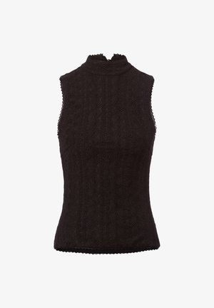 Schwarzes ärmelloses Oberteil mit hohem Kragen, strukturiertem Muster und gewellten Kanten. Mit figurbetonter Silhouette und aufwendiger Stoffgestaltung.