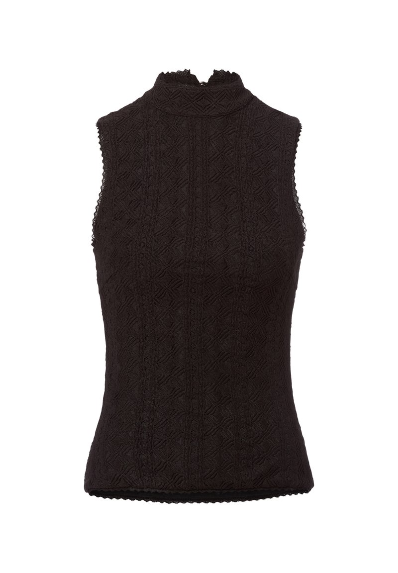 Czarny bezrękawnik z wysokim kołnierzem, teksturowanym wzorem i falistymi krawędziami. Posiada dopasowany krój i skomplikowane detale materiału.