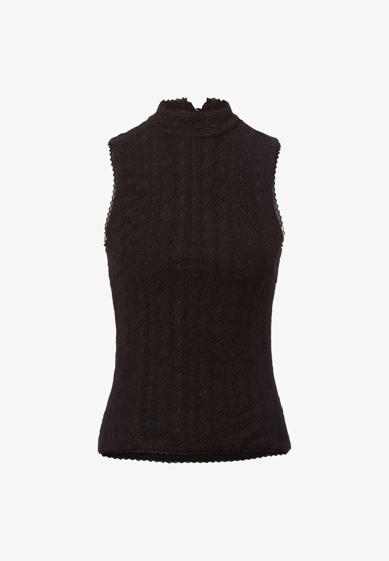 Czarny bezrękawnik z wysokim kołnierzem, teksturowanym wzorem i falistymi krawędziami. Posiada dopasowany krój i skomplikowane detale materiału.