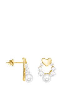 Guld hoops øreringe med hvide perler arrangeret i et cirkulært mønster, med en hjerteformet accent øverst. Blank finish, glat tekstur.
